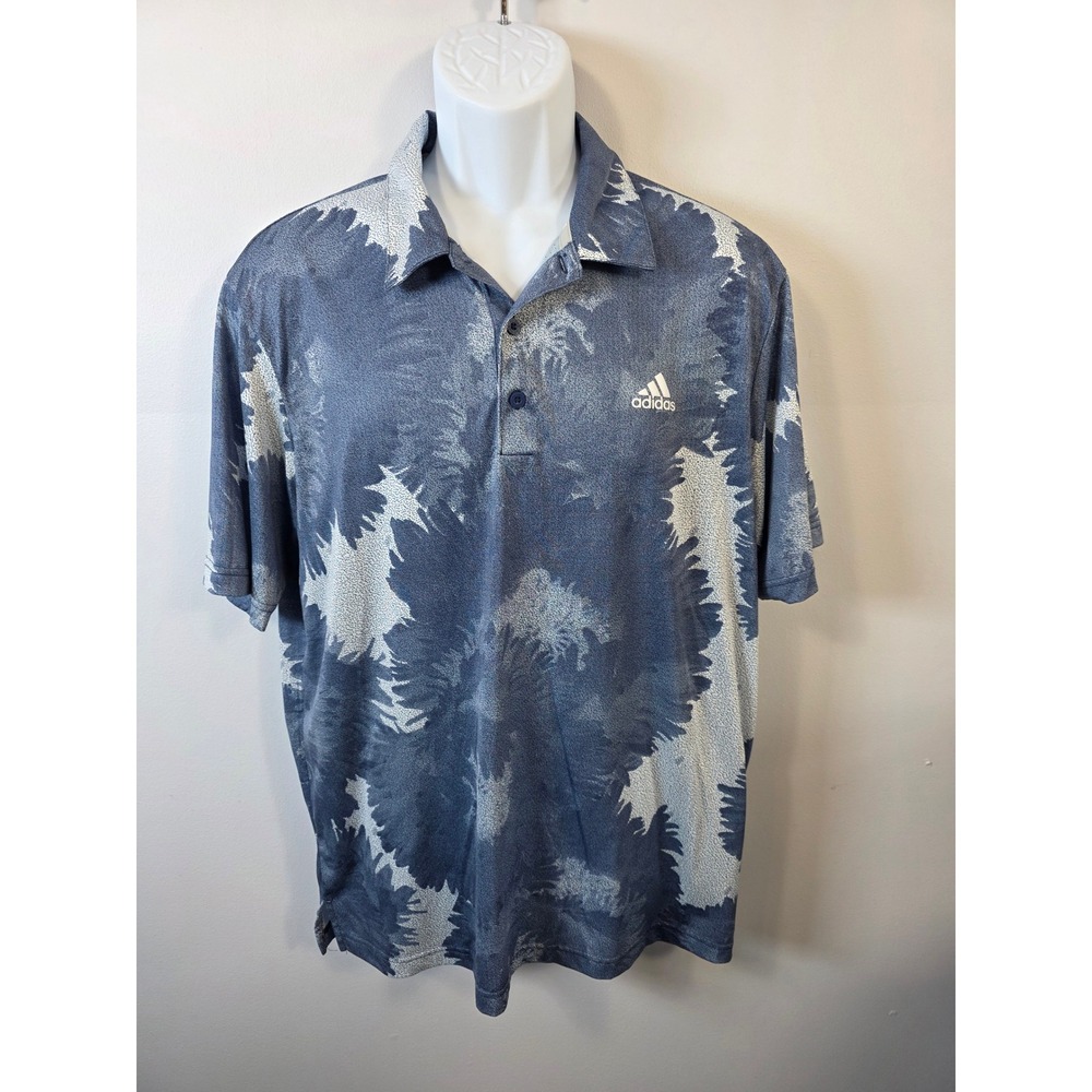 Adidas Golf Mens Large Blue White Abstract Graphic Print Short Sleeve Polo Shirt